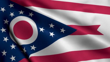 Ohio Eyalet Bayrağı. Ohio 'nun Saten Kumaş Dokusu Ulusal Bayrağı 3 boyutlu Görüntü. Amerika Birleşik Devletleri 'nde Ohio Eyaletinin Gerçek Doku Bayrağı. ABD. Yüksek Ayrıntılı Bayrak
