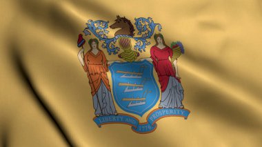 New Jersey Eyalet Bayrağı. Kumaş kumaş dokusu Ulusal Bayrak sallama New Jersey 3D Illustration. Amerika Birleşik Devletleri 'nde New Jersey Eyaleti' nin Gerçek Doku Bayrağı. ABD. Yüksek Ayrıntılı Bayrak