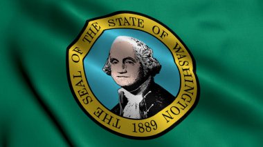 Washington Eyalet Bayrağı. Washington 'un Saten kumaş desenli ulusal bayrağını sallıyor. Amerika Birleşik Devletleri 'nde Washington Eyaleti' nin Gerçek Doku Bayrağı. ABD. Yüksek Ayrıntılı Bayrak