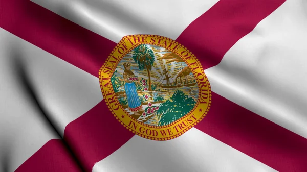 Florida State Flag. Waving Fabric Satin Texture National Flag of Florida 3D Illustration. Real Texture Flag of the State of Florida in the United States of America. USA. High Detailed Flag Animation