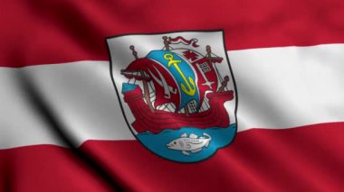 Bremerhaven Şehir Bayrağı Almanya. Bremerhaven 'ın Saten kumaş desenli ulusal bayrağını sallıyor. Almanya 'daki Bremerhoben şehrinin gerçek doku bayrağı. Yüksek Detaylı Bayrak Animasyonu AB Şehir Bayrakları