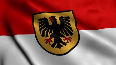 Dortmund Şehri Eyalet Bayrağı Almanya. Dortmund 'un Saten Kumaş Dokusu Ulusal Bayrağı 3 boyutlu Görüntü. Almanya 'daki Dortmund şehrinin gerçek doku bayrağı. Yüksek Detaylı Bayrak Animasyonu AB Şehir Bayrakları