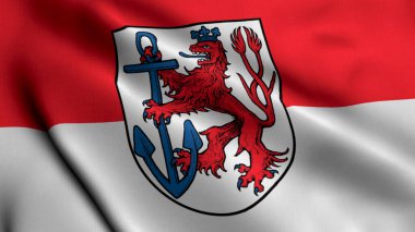 Düsseldorf Şehir Bayrağı Almanya. Düsseldorf 'un Saten kumaş desenli ulusal bayrağını sallıyor. Almanya 'daki Düsseldorf şehrinin gerçek doku bayrağı. Yüksek Detaylı Bayrak Animasyonu AB Şehir Bayrakları