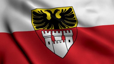 Duisburg Şehir Bayrağı Almanya. Duisburg 'un Saten kumaş desenli ulusal bayrağını sallıyor. Almanya 'daki Duisburg şehrinin gerçek doku bayrağı. Yüksek Detaylı Bayrak Animasyonu AB Şehir Bayrakları