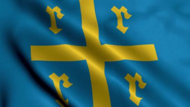 Rauma Şehri Bayrağı Finlandiya. El sallayan kumaş dokusu Fince Rauma 3D Resim Bayrağı. Finlandiya 'daki Rauma şehrinin gerçek doku bayrağı. Rauman Kaupunki Raumo Stad