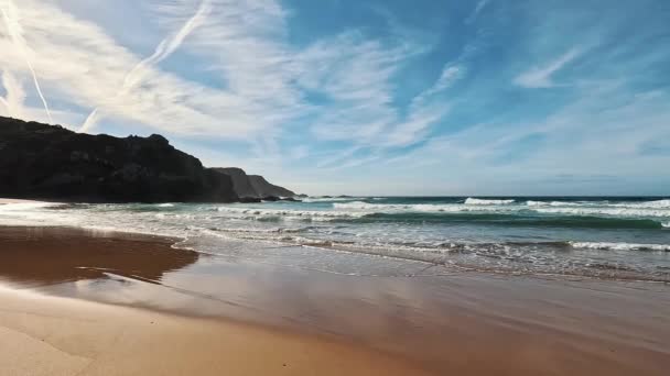 Praia Odeceixe Mar Beach Med Golden Sand Atlanten River Bend — Stockvideo