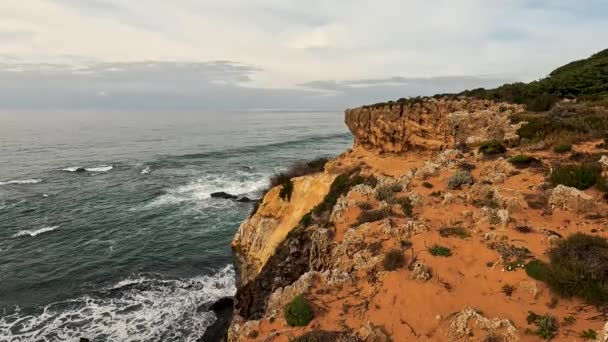 Zambujeira Deniz Kıyısında Deniz Dalgaları Uçurumlar Kumullarla Kaplı Yeşil Bitki — Stok video