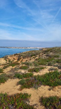 Alentejo, Portekiz 'deki Vila Nova De Milfontes sahilindeki uçurumlar. Rota Vicentina 'nın ayak izlerinde. Balıkçı Yolu.