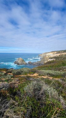 Portekiz, Alentejo Sahili 'nde siyah bazalt kayalıklı Almograve Plajı. Rota Vicentina 'nın ayak izlerinde. Yürüyüş Balıkçı Yolu.