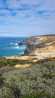 Praia de Almograve plajı, okyanus dalgaları, uçurumlar ve taşlar, ıslak altın kum ve yeşil bitki örtüsü vahşi Rota Vicentina sahillerinde, Odemira, Portekiz