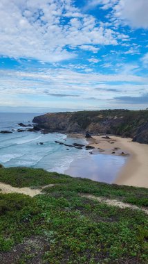 Zambujeira deniz kıyısında deniz dalgaları, uçurumlar ve kumullarla kaplı yeşil bitki örtüsü kırmızı incir yaprakları, güneşli bir gün, açık mavi gökyüzü. Rota Vicentina Sahili, Portekiz.