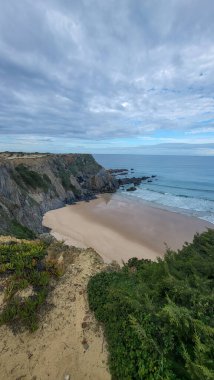 Zambujeira deniz kıyısında deniz dalgaları, uçurumlar ve kumullarla kaplı yeşil bitki örtüsü kırmızı incir yaprakları, güneşli bir gün, açık mavi gökyüzü. Rota Vicentina Sahili, Portekiz.