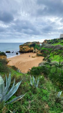 Camilo Beach (Praia do Camilo) Algarve, Portekiz arka planda turkuaz deniz ile. Plaj Praia do Camilo, Portekiz ahşap yaya köprüsü. Lagos Camilo Plajı Harika görünümü, Algarve, Portekiz.