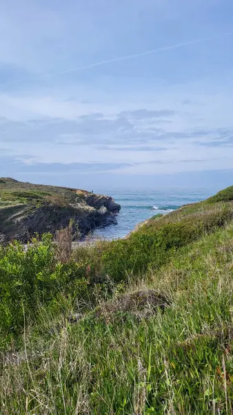 Alentejo, Portekiz 'deki Vila Nova De Milfontes sahilindeki uçurumlar. Rota Vicentina 'nın ayak izlerinde. Balıkçı Yolu.