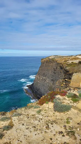 Praia de Almograve plajı, okyanus dalgaları, uçurumlar ve taşlar, ıslak altın kum ve yeşil bitki örtüsü vahşi Rota Vicentina sahillerinde, Odemira, Portekiz