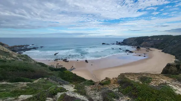 Zambujeira deniz kıyısında deniz dalgaları, uçurumlar ve kumullarla kaplı yeşil bitki örtüsü kırmızı incir yaprakları, güneşli bir gün, açık mavi gökyüzü. Rota Vicentina Sahili, Portekiz.