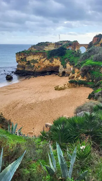Camilo Beach (Praia do Camilo) Algarve, Portekiz arka planda turkuaz deniz ile. Plaj Praia do Camilo, Portekiz ahşap yaya köprüsü. Lagos Camilo Plajı Harika görünümü, Algarve, Portekiz.