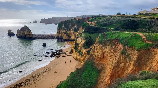 Camilo Beach (Praia do Camilo) Algarve, Portekiz arka planda turkuaz deniz ile. Plaj Praia do Camilo, Portekiz ahşap yaya köprüsü. Lagos Camilo Plajı Harika görünümü, Algarve, Portekiz.