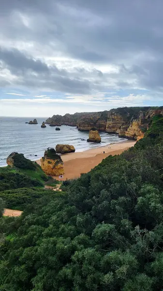 Ponta Da Piedade Kayalıkları Algarve, Portekiz 'deki Lagos yakınlarında. Portekiz 'in Algarve Bölgesi, Ponta Da Piedade' deki Cliff Rocks, Seagulls ve Turist Gemisi. Rota Vicentina 'nın Balıkçı Patikası' nda yürüyüş.