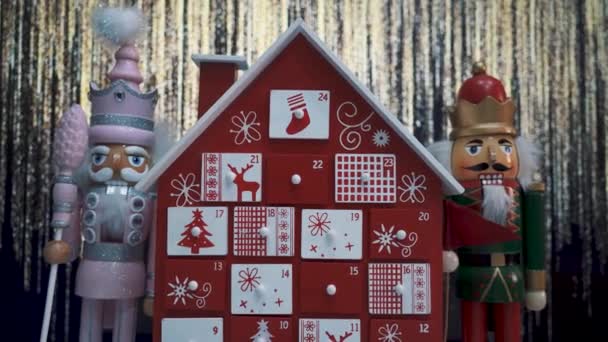 Wooden Tree Advent Calendar Decorated Nutcracker Soldier Toys Bokeh Blured — Stock Video