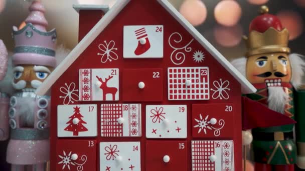 Wooden Tree Advent Calendar Decorated Nutcracker Soldier Toys Bokeh Blured — Stock Video