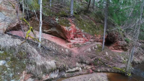 Cecilu Nature Trail Ieriki Latvia 来自库玛达河右岸的塞西尔鲁洞和岩石 北部岩石空降鼓声缓慢 塞西卢自然小径是游客的步行路线 — 图库视频影像