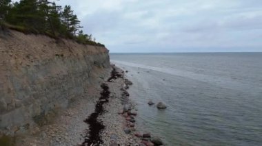 Kuressaare yakınlarındaki Saaremaa Adası 'nın kuzey kıyısı, Baltık Denizi. Saaremaa, Estonya. Panga Uçurumlarının 4K Panoramik Hava Videosu