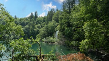 Şeffaf Turkuaz Gölün Renkli Suları Dalgalanmaya Başlıyor. Birçok küçük şelale göle akıyor. Plitvice Gölleri, Ulusal Park, Hırvat Sahnesi, Şelale Manzarası, Doğal Güzellik