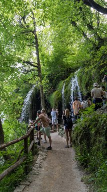 Plitvice Lakes Hırvatistan 30 Haziran 2024 'te Plitvice Gölleri Ulusal Parkı' nda gerçekleşti. Şeffaf Turkuaz Gölün Renkli Suları Dalgalanmaya Başlıyor. Birçok Küçük Şelale Göle akıyor.