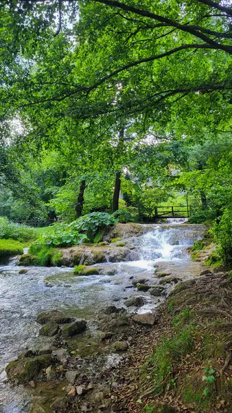 30 Temmuz 2024 Rastoke Köyü Hırvatistan 'ın Slunj yakınlarındaki - Korana Nehri Şelaleleri üzerindeki Eski Su Değirmeni, Hırvatistan' ın Rastoke Köyü 'ndeki Güzel Kır Manzarası ve Küçük Şelaleleri.