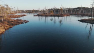 Cena Moorland Footpath Viewing Tower, Donmuş Göl Skaistleri Kış Havası Manzarası. Letonya 5 km uzunluğunda patikası olan en büyük ikinci bataklık. Cena Bataklığı ve Buz Gölü Kış 'ta Adalı Skaistler