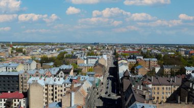 Aerial Drone View Of Riga Panorama In Latvia On A Sunny Spring Day Showcasing The Rooftops Of Houses The Vibrant City Center Historic Buildings And Barona Street Playground of the Downtown Sports Area
