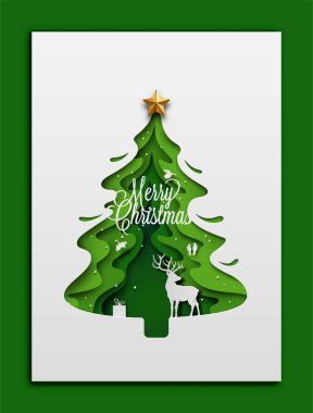 Noel tebrik kartı tasarımı. Kağıt sanatı, ormanda karlı ve kuşlu geyik. Genel kompozisyon noel ağacı olarak görünüyor. Vektör illüstrasyonu. 