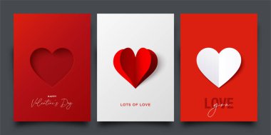 Sevgililer Günü tebrik kartı koleksiyonu. Kırmızıda, beyazda, kırmızı kağıtta kesilmiş kağıt kalp. Vektör illüstrasyonu, katmanlar izole.