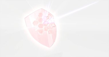 Beyaz arka planda ışık huzmeleri olan pembe elmas. Kalkan ışınlardan, güneş ışınlarından, ultraviyole ışınlardan korur. 3B illüstrasyon