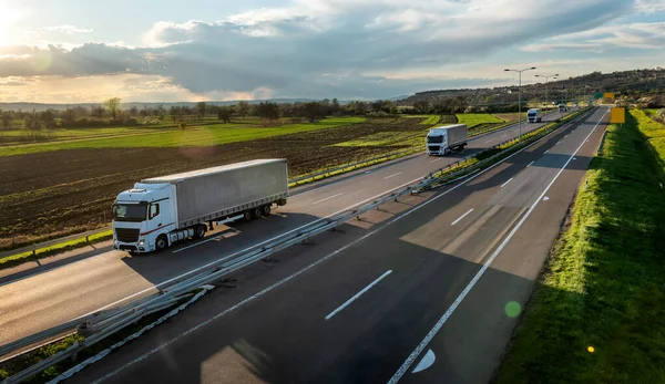 Convoglio Camion Bianchi Con Container Autostrada Tramonto Concetto Trasporto Merci — Foto Stock