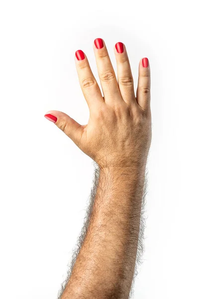 Mannelijke Hand Met Rood Geschilderde Vingernagels Geïsoleerd Witte Achtergrond Genderbuigconcept — Stockfoto