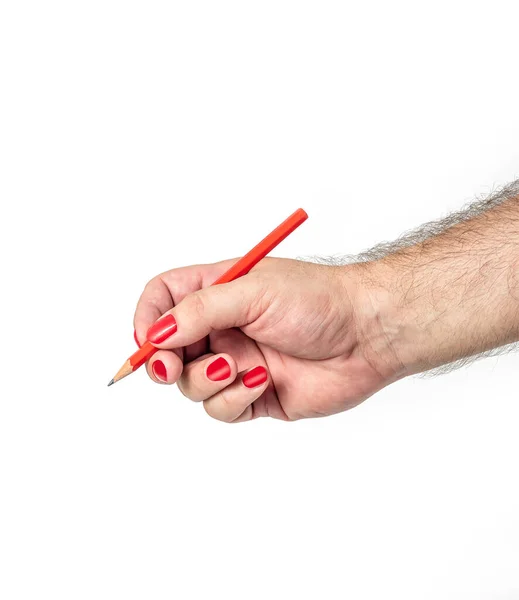 Mannelijke Hand Met Rood Geschilderde Nagels Met Rood Grafietpotlood Geïsoleerd — Stockfoto