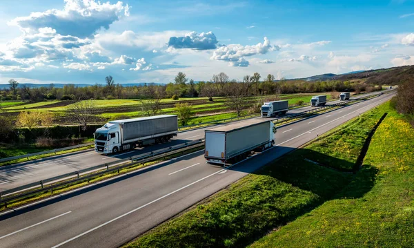Конвої Білого Транспорту Вантажівки Лініях Проходять Інші Вантажівки Сільській Сільській Ліцензійні Стокові Зображення