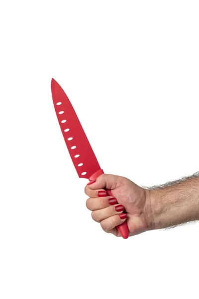 Mão Masculina Com Unhas Pintadas Vermelho Segurando Faca Vermelha Isolada — Fotografia de Stock