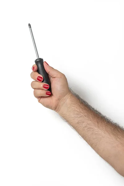 Mannelijke Hand Met Rood Geschilderde Nagels Met Schroevendraaier Geïsoleerd Witte — Stockfoto