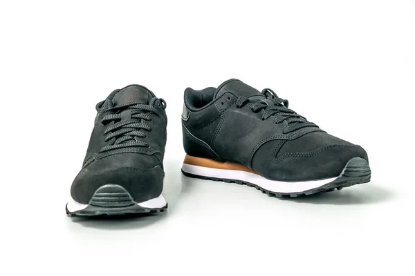 Black Leather Sneakers Isolated White Background Clipping Path Included — Stock Photo, Image