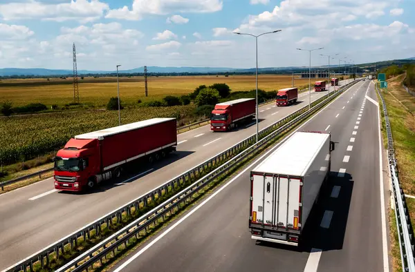 Otoyol ulaşımı. Kırsal kesimde güzel mavi gökyüzünün altından geçen kırmızı nakliye kamyonları.