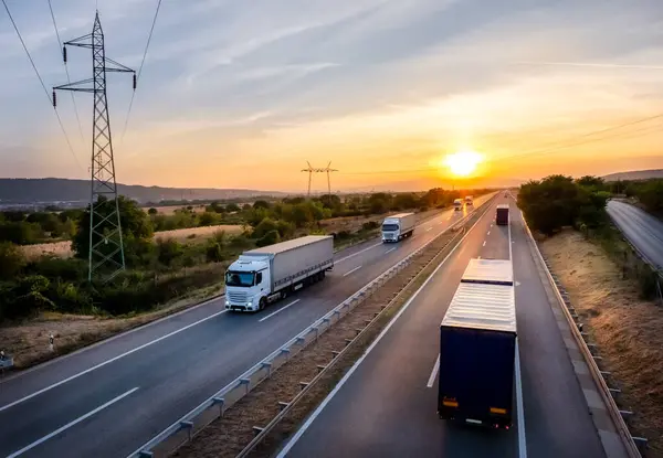 stock image Convoy or Fleet of transportation trucks with white trailers on a Highway through the rural landscape on a beautiful sunset