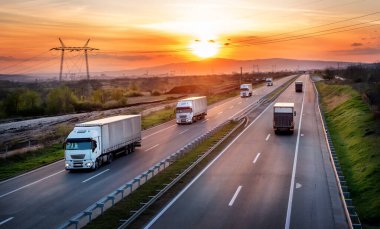 Gri konteynırları olan beyaz kamyonların konvoyu otoyolda başka numaralar da yapıyor. Kargo taşıma konsepti.