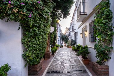 Marbella İspanya 'nın Endülüs şehrinde. Marbella sokakları, Endülüs bölgesindeki tipik İspanyol evleri.