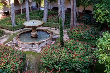 Alhambra Sarayı Çeşmesi ve Bahçesi. Bu bahçe İspanya 'nın Granada kentindeki Alhambra Sarayı' nda sıcak bir yaz gününde serinletici bir dinlenme yeri..