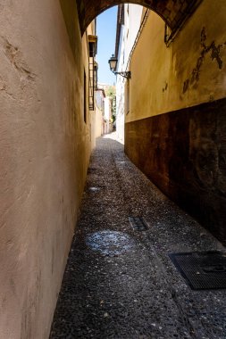 Endülüs 'te (İspanya) Granada sokakları ve eski binalar. El Albaicin (veya Albayzin). Granada tarihi kenti Endülüs 'ün (İspanya) sokakları ve eski binalarının manzarası).