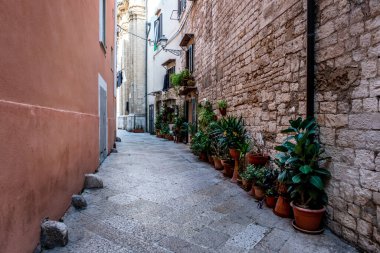 Bari 'deki tipik dar sokaklar Puglia, İtalya' da, güzel bir bahar gününde