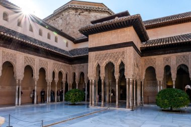 Granada, İspanya - 12 Kasım 2024: Alhumbra, Granada, İspanya 'daki Aslan Divanı' nın güzel mimarisi